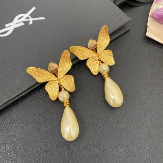 YSL Golden Butterfly Pearl Drop Clip-On Earrings