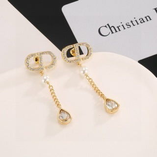 Dior CD Pearl Crystal Chain Drop Stud Earrings