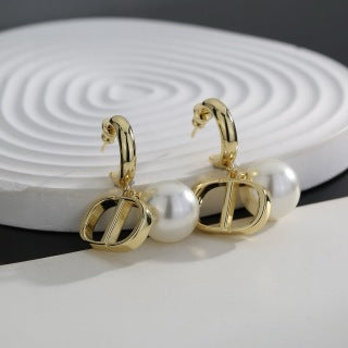 Dior Valentina Pearl CD Hoop Drop Stud Earrings