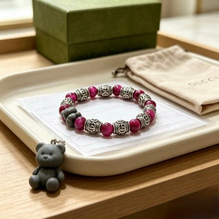 Gucci GG Burgundy Bead Lion Charm Bracelet